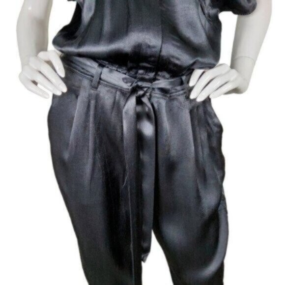 Splendid Satin Ankle Length Tie Waist Blouson Jumpsuit Black Size Medium - Picture 5 of 10